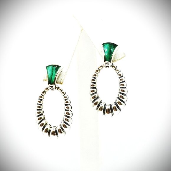 LAGOS Venus Link Oval Fluted Sterling Silver 18K Gold Post Malachite Earrings - Picture 2 of 10